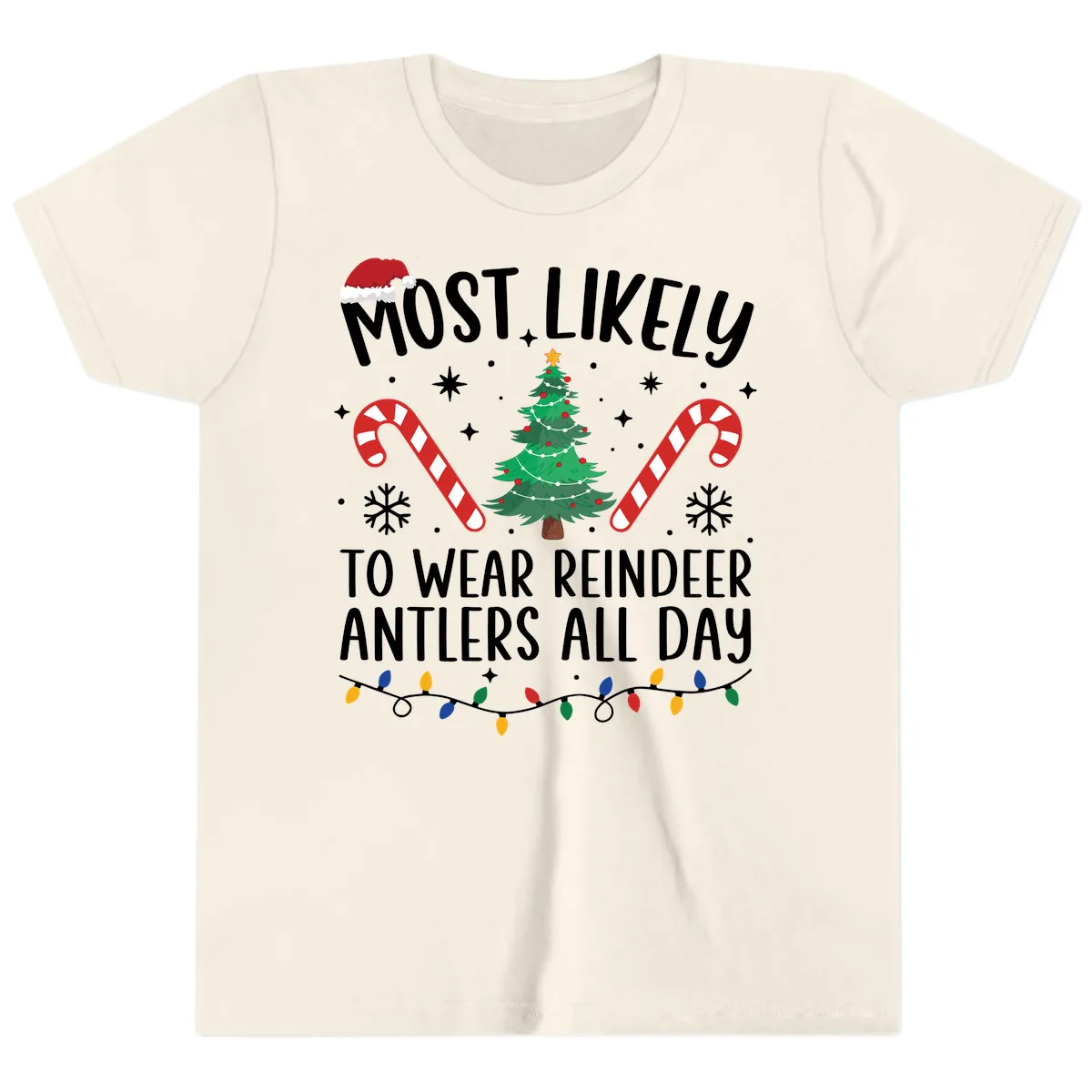 Most Likely To Wear Reindeer Antlers All Day Youth T-Shirt in Natural